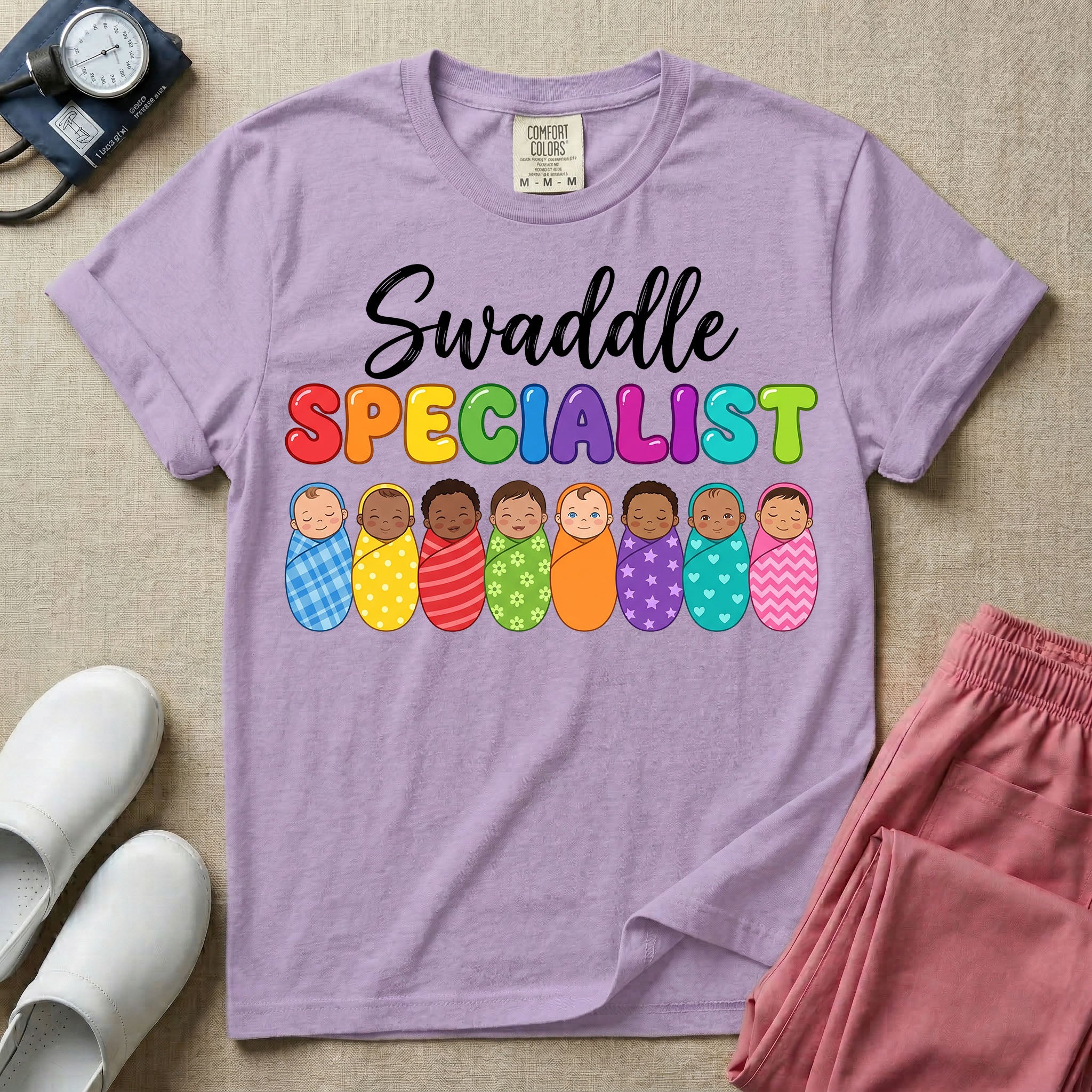 A graphic featuring the word Swaddle in white cursive above the word SPECIALIST in bright, colorful bubble letters, resting over a row of eight diverse babies wrapped in colorful patterned swaddles, designed for NICU, labor and delivery, postpartum, and pediatric nurses.