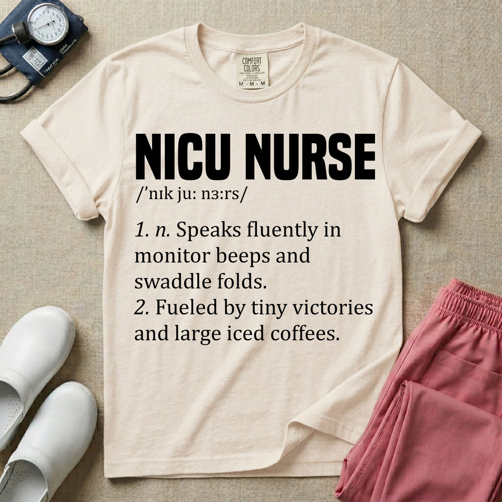 A graphic featuring a dictionary definition style layout with the bold heading NICU NURSE, followed by the phonetic pronunciation and two humorous definitions reading "1. n. Speaks fluently in monitor beeps and swaddle folds." and "2. Fueled by tiny victories and large iced coffees." in white text.