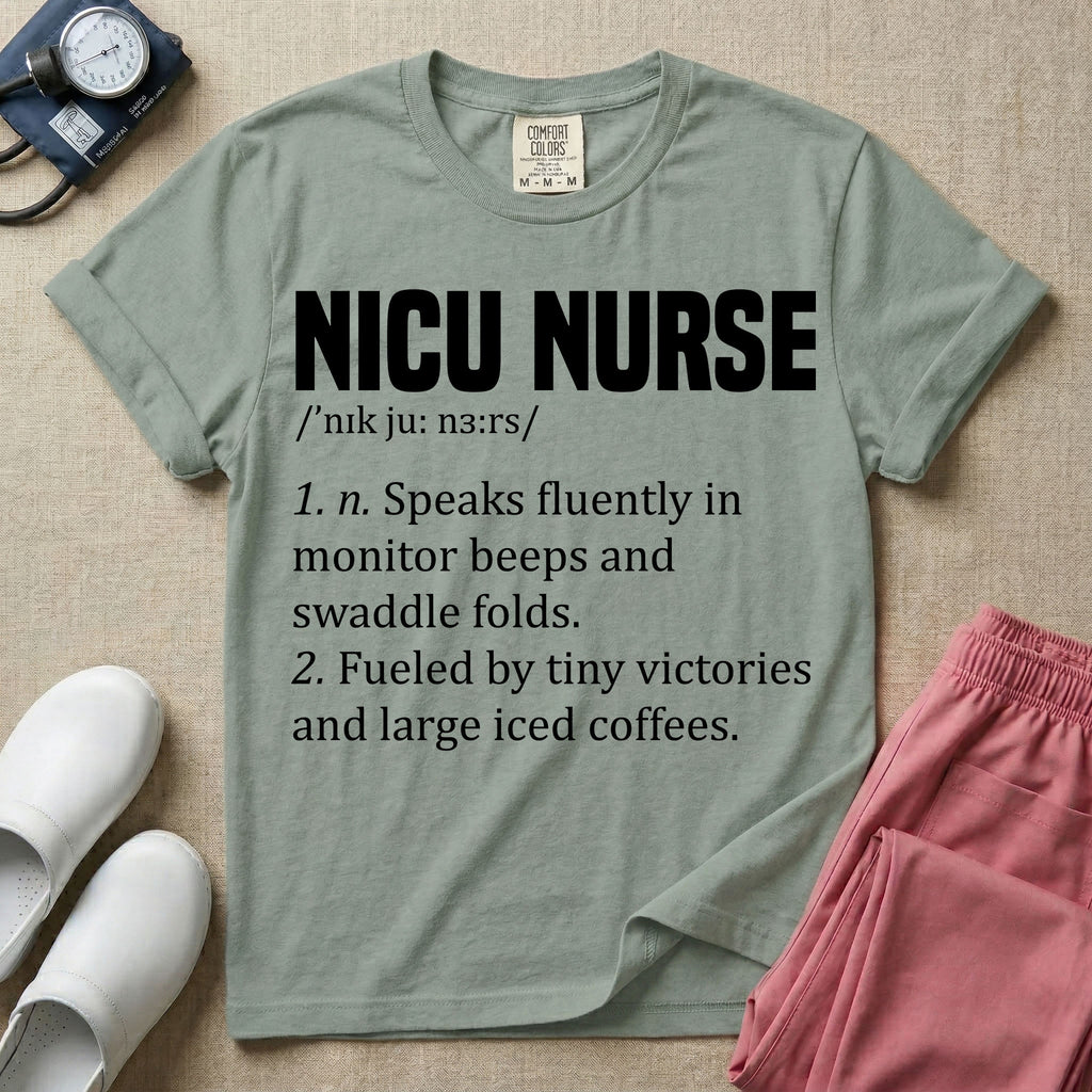 A graphic featuring a dictionary definition style layout with the bold heading NICU NURSE, followed by the phonetic pronunciation and two humorous definitions reading "1. n. Speaks fluently in monitor beeps and swaddle folds." and "2. Fueled by tiny victories and large iced coffees." in white text.
