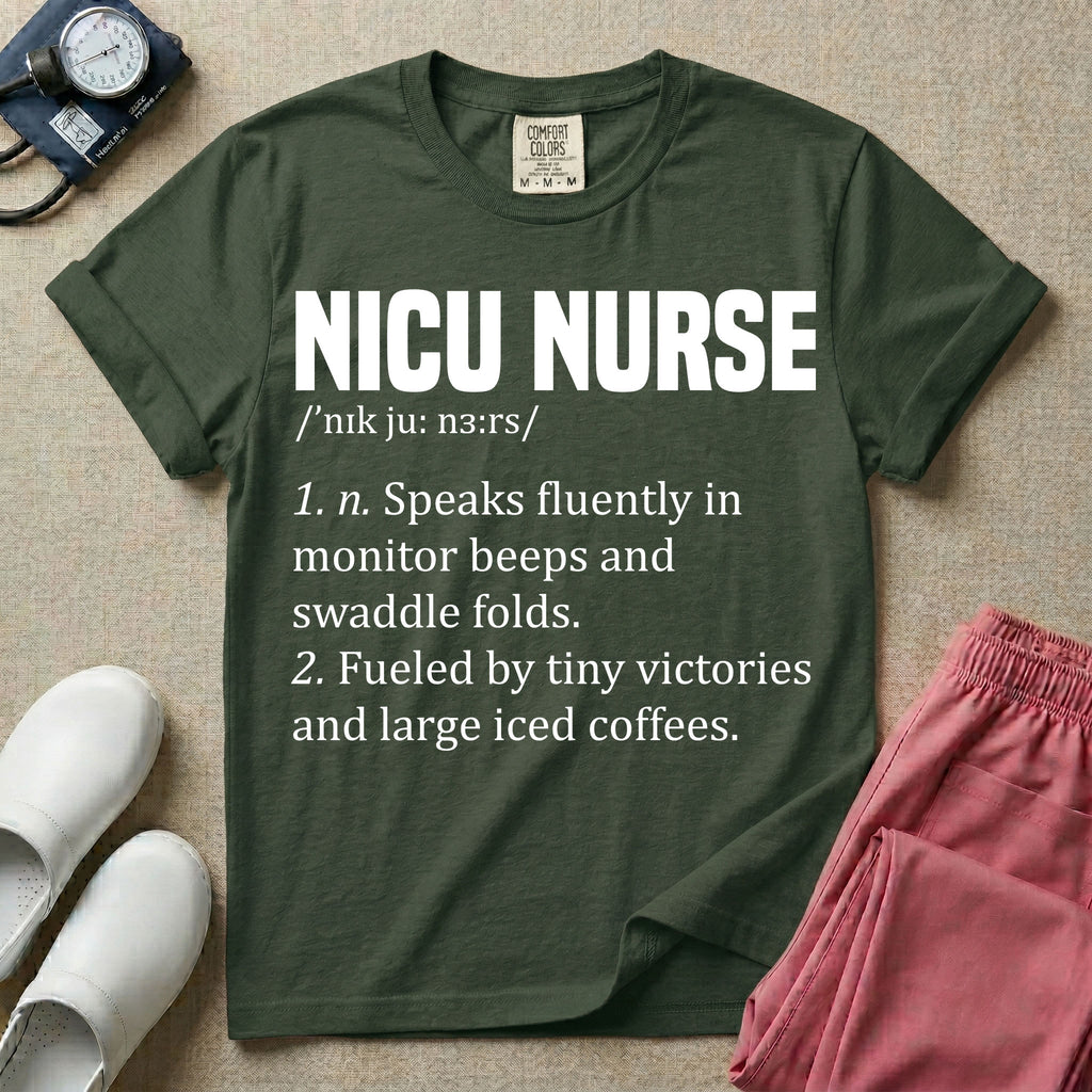A graphic featuring a dictionary definition style layout with the bold heading NICU NURSE, followed by the phonetic pronunciation and two humorous definitions reading "1. n. Speaks fluently in monitor beeps and swaddle folds." and "2. Fueled by tiny victories and large iced coffees." in white text.
