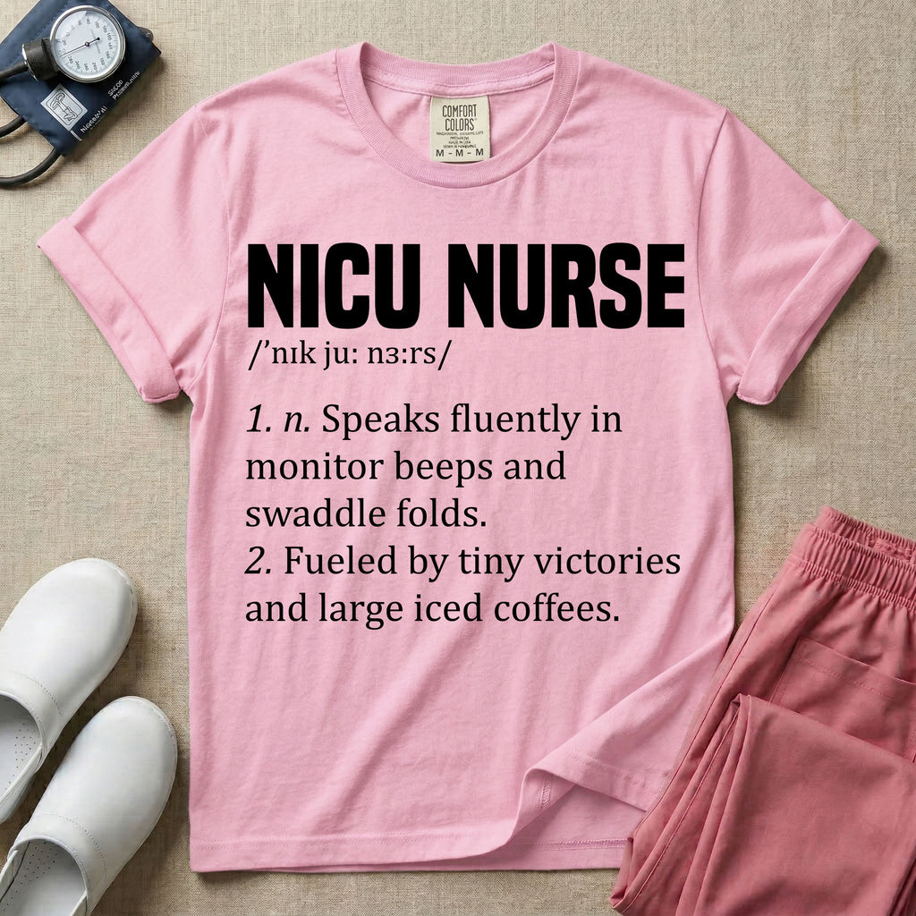 A graphic featuring a dictionary definition style layout with the bold heading NICU NURSE, followed by the phonetic pronunciation and two humorous definitions reading "1. n. Speaks fluently in monitor beeps and swaddle folds." and "2. Fueled by tiny victories and large iced coffees." in white text.