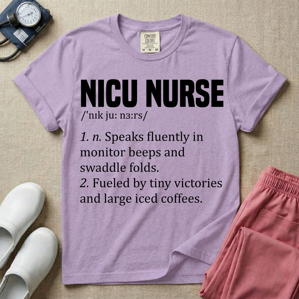 A graphic featuring a dictionary definition style layout with the bold heading NICU NURSE, followed by the phonetic pronunciation and two humorous definitions reading "1. n. Speaks fluently in monitor beeps and swaddle folds." and "2. Fueled by tiny victories and large iced coffees." in white text.