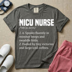 A graphic featuring a dictionary definition style layout with the bold heading NICU NURSE, followed by the phonetic pronunciation and two humorous definitions reading "1. n. Speaks fluently in monitor beeps and swaddle folds." and "2. Fueled by tiny victories and large iced coffees." in white text.