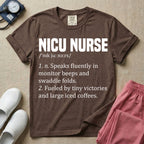 A graphic featuring a dictionary definition style layout with the bold heading NICU NURSE, followed by the phonetic pronunciation and two humorous definitions reading "1. n. Speaks fluently in monitor beeps and swaddle folds." and "2. Fueled by tiny victories and large iced coffees." in white text.
