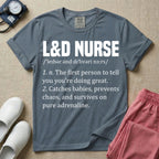 A graphic featuring a dictionary definition style layout with the bold heading L&D NURSE, followed by the phonetic pronunciation and two humorous definitions reading "1. n. The first person to tell you you're doing great." and "2. Catches babies, prevents chaos, and survives on pure adrenaline." in white text, designed for labor and delivery nurses.
