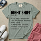 A graphic featuring a dictionary definition style layout with the bold heading NIGHT SHIFT, followed by the phonetic pronunciation and two humorous definitions reading "1. n. A secret society that runs the hospital while the world sleeps." and "2. Where 3:00 AM feels like both yesterday and tomorrow." in white text, designed for night shift nurses.