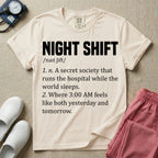 A graphic featuring a dictionary definition style layout with the bold heading NIGHT SHIFT, followed by the phonetic pronunciation and two humorous definitions reading "1. n. A secret society that runs the hospital while the world sleeps." and "2. Where 3:00 AM feels like both yesterday and tomorrow." in white text, designed for night shift nurses.