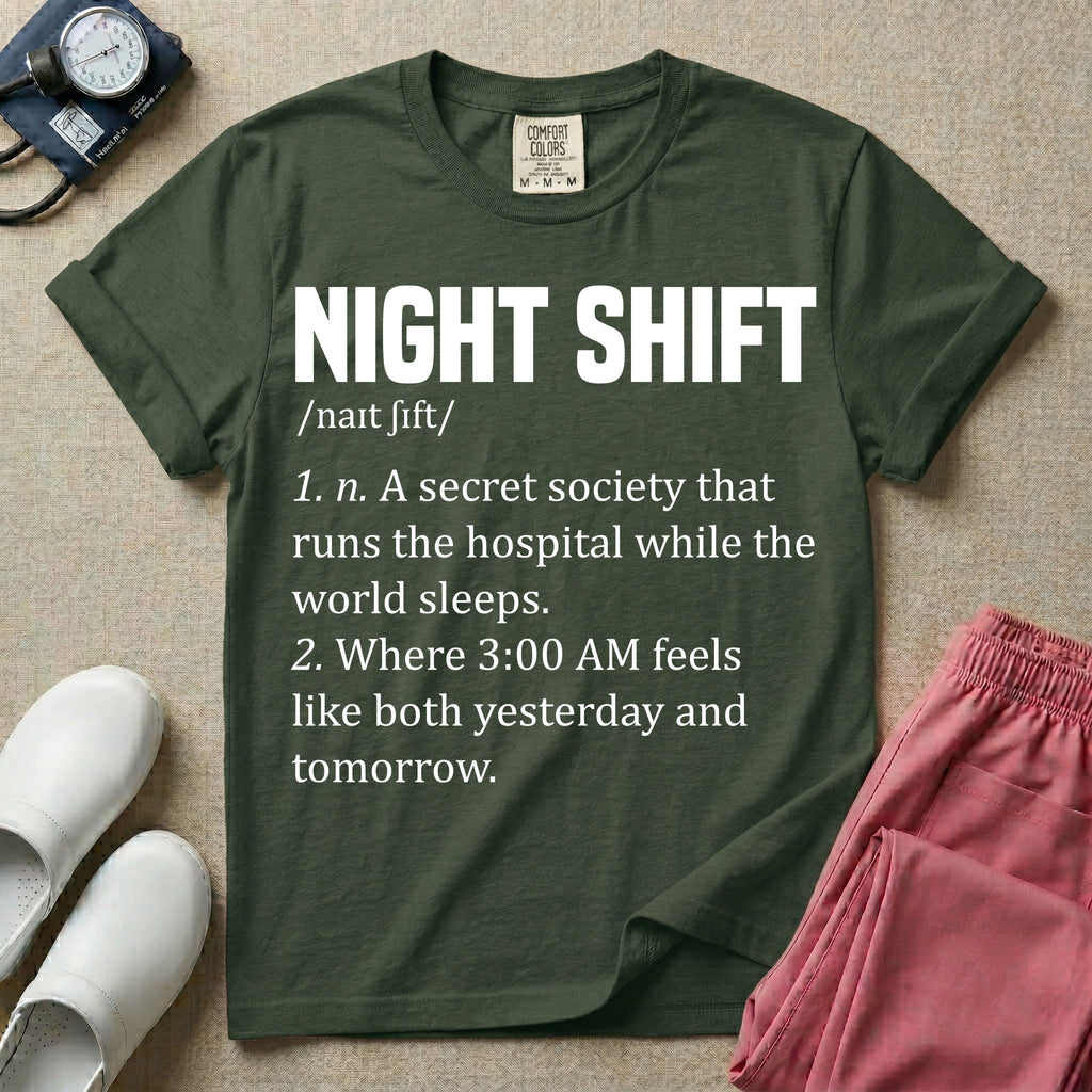 A graphic featuring a dictionary definition style layout with the bold heading NIGHT SHIFT, followed by the phonetic pronunciation and two humorous definitions reading "1. n. A secret society that runs the hospital while the world sleeps." and "2. Where 3:00 AM feels like both yesterday and tomorrow." in white text, designed for night shift nurses.
