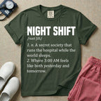 A graphic featuring a dictionary definition style layout with the bold heading NIGHT SHIFT, followed by the phonetic pronunciation and two humorous definitions reading "1. n. A secret society that runs the hospital while the world sleeps." and "2. Where 3:00 AM feels like both yesterday and tomorrow." in white text, designed for night shift nurses.