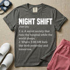 A graphic featuring a dictionary definition style layout with the bold heading NIGHT SHIFT, followed by the phonetic pronunciation and two humorous definitions reading "1. n. A secret society that runs the hospital while the world sleeps." and "2. Where 3:00 AM feels like both yesterday and tomorrow." in white text, designed for night shift nurses.