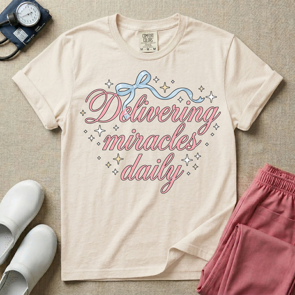 A graphic featuring the phrase "Delivering miracles daily" in elegant pink cursive script, topped with a delicate light blue ribbon bow and surrounded by sparkling stars, designed for labor and delivery, postpartum, and NICU nurses.