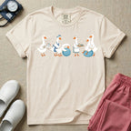 A graphic featuring a row of ducks playfully acting out a labor and delivery scene, including a duck checking a birth plan clipboard, ducks assisting a pregnant duck on a birthing ball, and a duck carrying a recovery tray, designed for labor and delivery nurses, midwives, and doulas.