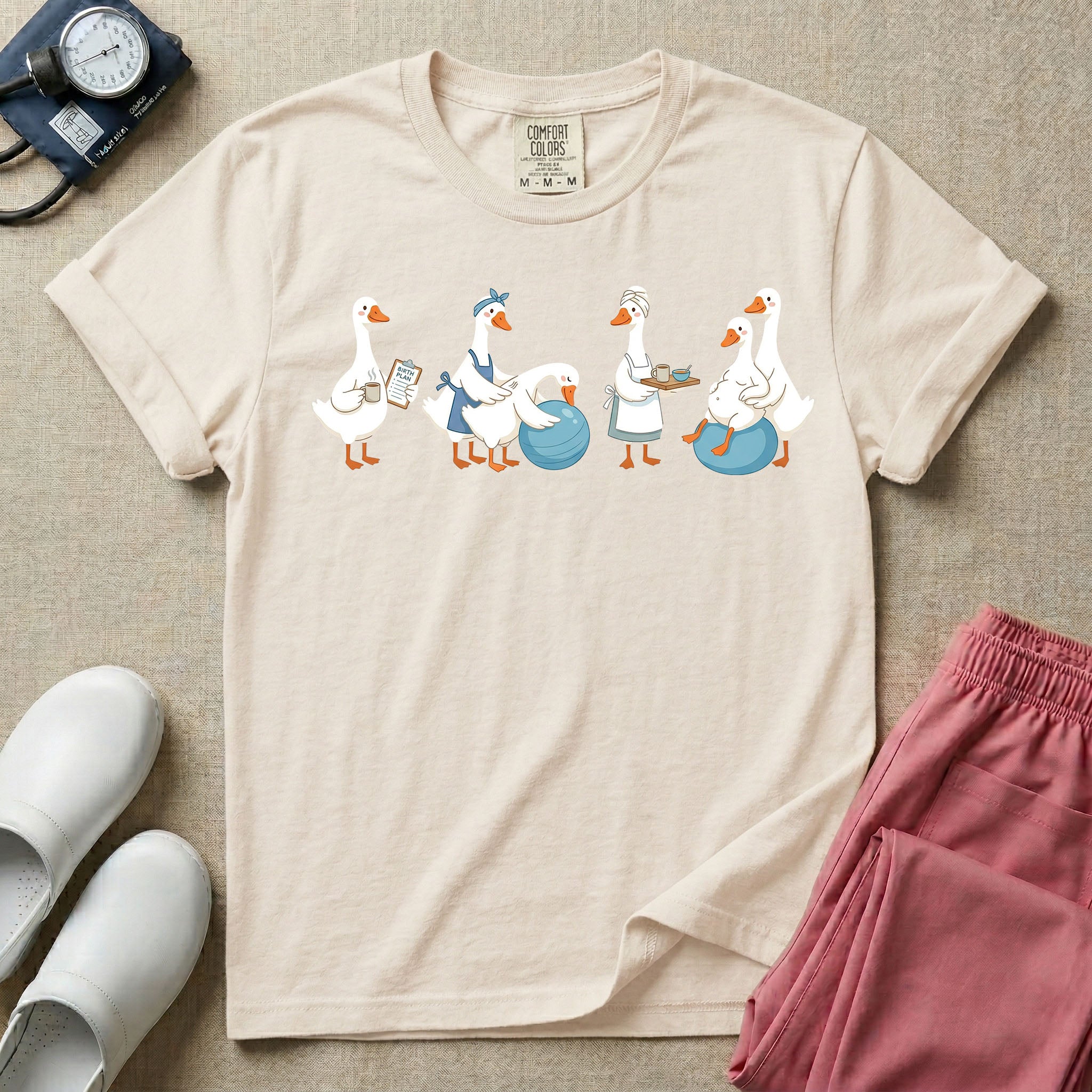 A graphic featuring a row of ducks playfully acting out a labor and delivery scene, including a duck checking a birth plan clipboard, ducks assisting a pregnant duck on a birthing ball, and a duck carrying a recovery tray, designed for labor and delivery nurses, midwives, and doulas.
