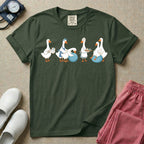 A graphic featuring a row of ducks playfully acting out a labor and delivery scene, including a duck checking a birth plan clipboard, ducks assisting a pregnant duck on a birthing ball, and a duck carrying a recovery tray, designed for labor and delivery nurses, midwives, and doulas.
