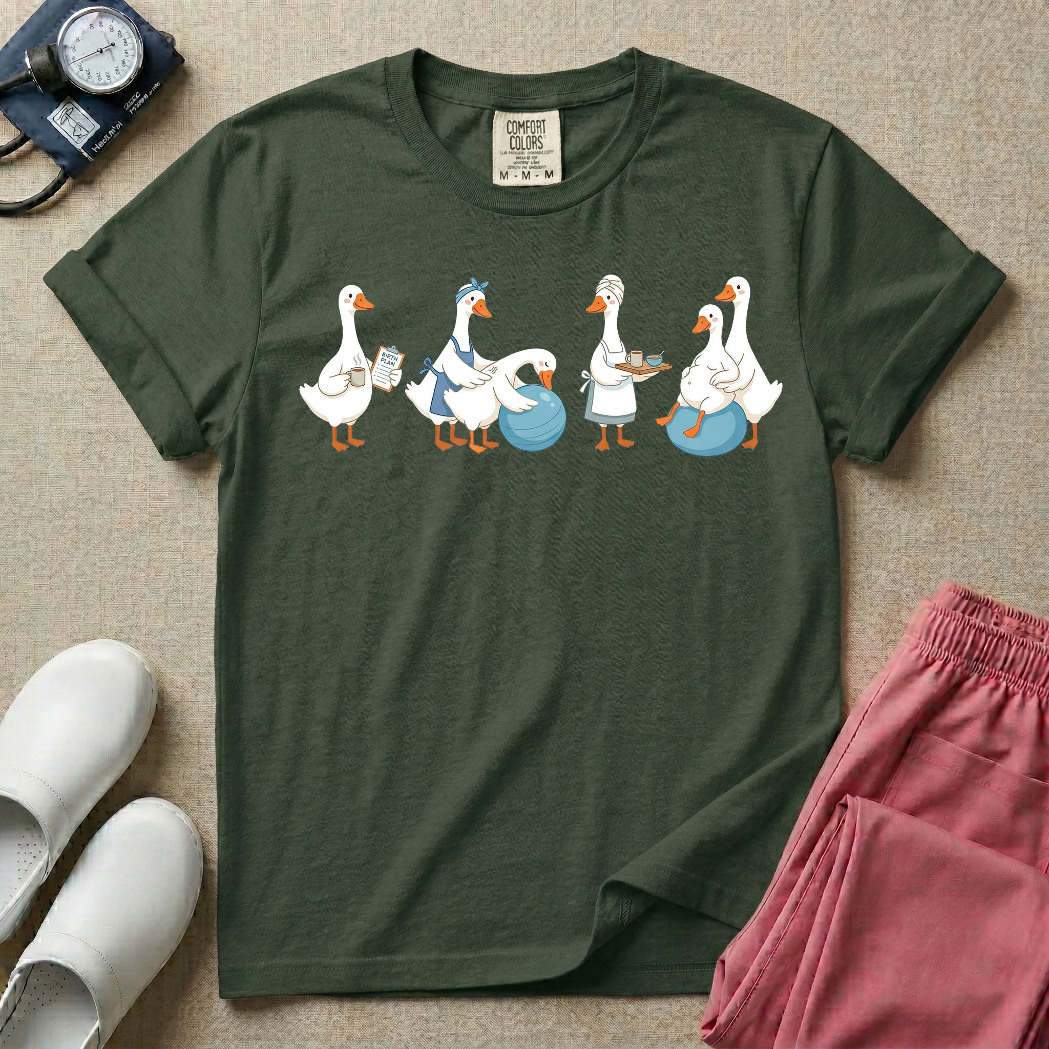 A graphic featuring a row of ducks playfully acting out a labor and delivery scene, including a duck checking a birth plan clipboard, ducks assisting a pregnant duck on a birthing ball, and a duck carrying a recovery tray, designed for labor and delivery nurses, midwives, and doulas.