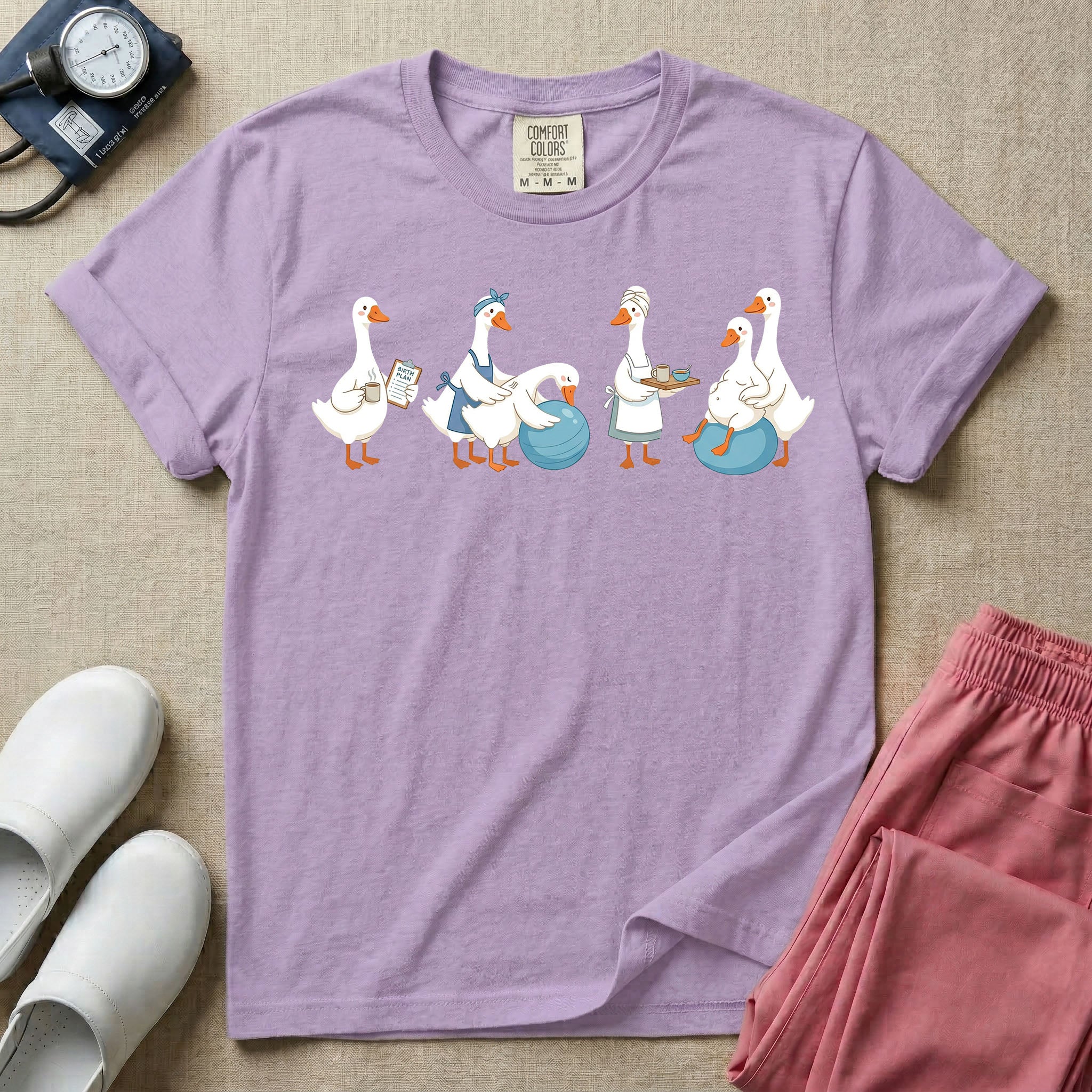 A graphic featuring a row of ducks playfully acting out a labor and delivery scene, including a duck checking a birth plan clipboard, ducks assisting a pregnant duck on a birthing ball, and a duck carrying a recovery tray, designed for labor and delivery nurses, midwives, and doulas.