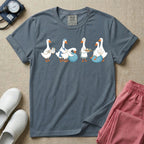 A graphic featuring a row of ducks playfully acting out a labor and delivery scene, including a duck checking a birth plan clipboard, ducks assisting a pregnant duck on a birthing ball, and a duck carrying a recovery tray, designed for labor and delivery nurses, midwives, and doulas.