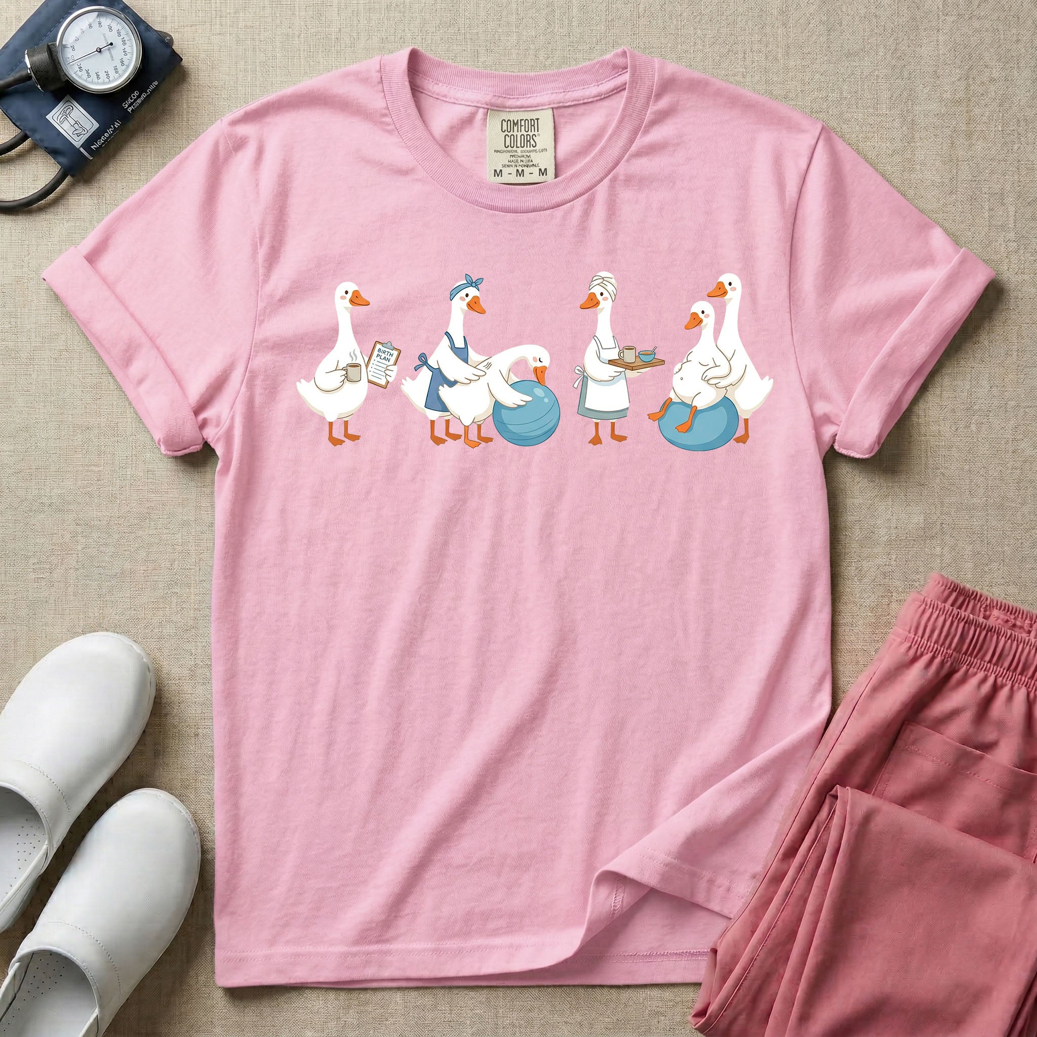 A graphic featuring a row of ducks playfully acting out a labor and delivery scene, including a duck checking a birth plan clipboard, ducks assisting a pregnant duck on a birthing ball, and a duck carrying a recovery tray, designed for labor and delivery nurses, midwives, and doulas.