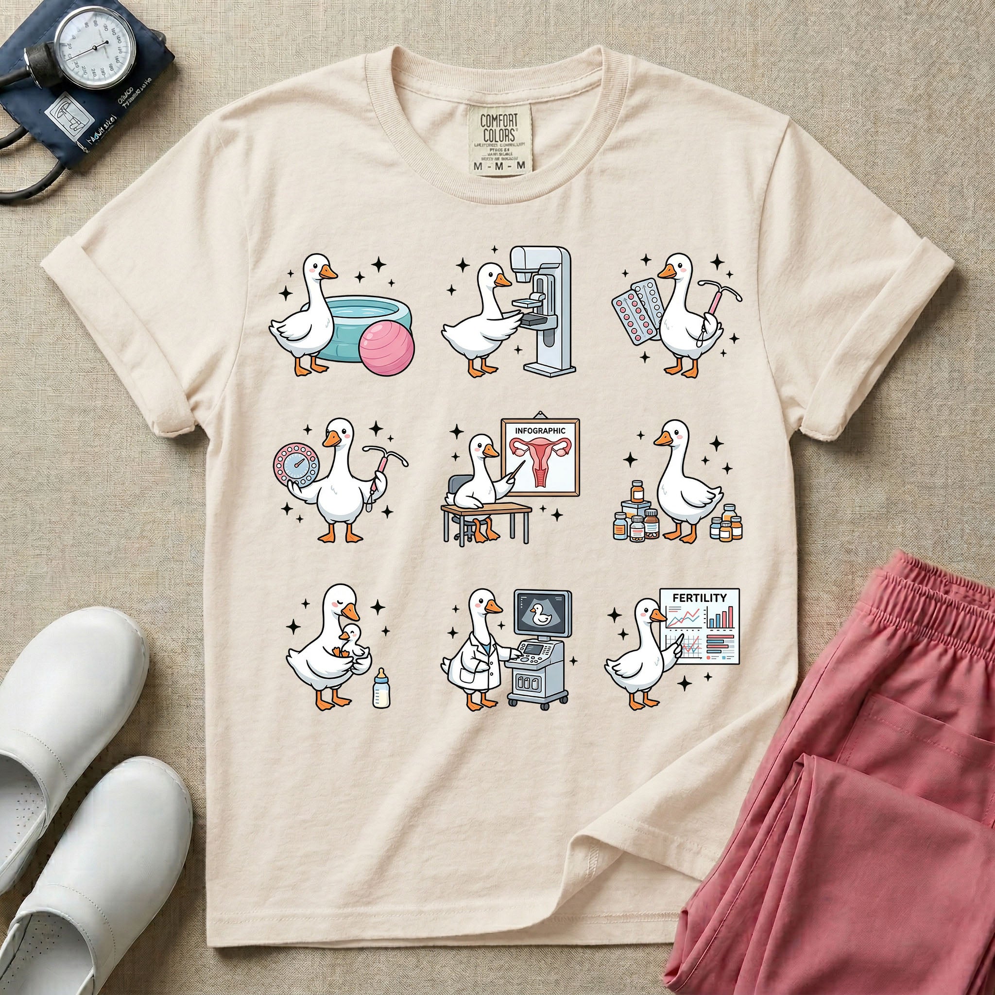 A graphic featuring a grid of nine white ducks playfully performing various obstetrics, gynecology, and maternity tasks, including checking a fertility chart, reviewing a female reproductive anatomy infographic, operating an ultrasound machine, and holding an IUD and birth control pills, designed for OB-GYN nurses, labor and delivery nurses, and midwives.