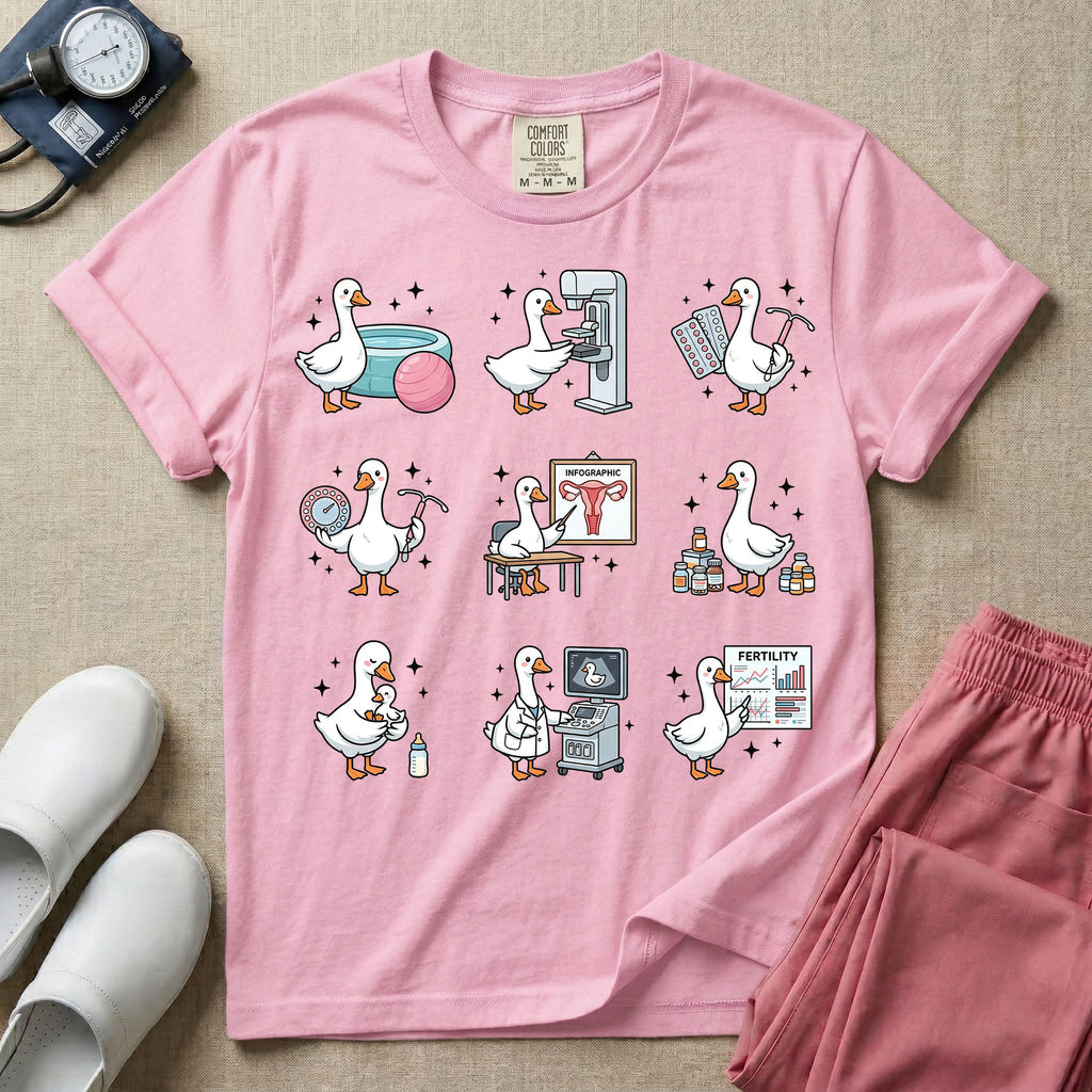 A graphic featuring a grid of nine white ducks playfully performing various obstetrics, gynecology, and maternity tasks, including checking a fertility chart, reviewing a female reproductive anatomy infographic, operating an ultrasound machine, and holding an IUD and birth control pills, designed for OB-GYN nurses, labor and delivery nurses, and midwives.