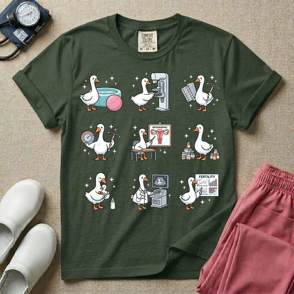 A graphic featuring a grid of nine white ducks playfully performing various obstetrics, gynecology, and maternity tasks, including checking a fertility chart, reviewing a female reproductive anatomy infographic, operating an ultrasound machine, and holding an IUD and birth control pills, designed for OB-GYN nurses, labor and delivery nurses, and midwives.