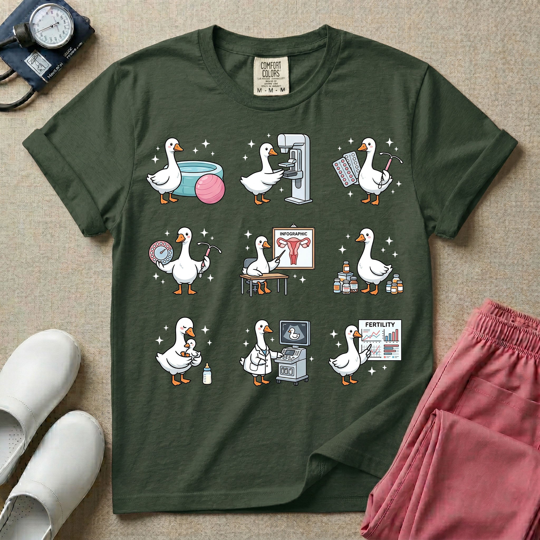 A graphic featuring a grid of nine white ducks playfully performing various obstetrics, gynecology, and maternity tasks, including checking a fertility chart, reviewing a female reproductive anatomy infographic, operating an ultrasound machine, and holding an IUD and birth control pills, designed for OB-GYN nurses, labor and delivery nurses, and midwives.