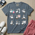 A graphic featuring a grid of nine white ducks playfully performing various obstetrics, gynecology, and maternity tasks, including checking a fertility chart, reviewing a female reproductive anatomy infographic, operating an ultrasound machine, and holding an IUD and birth control pills, designed for OB-GYN nurses, labor and delivery nurses, and midwives.