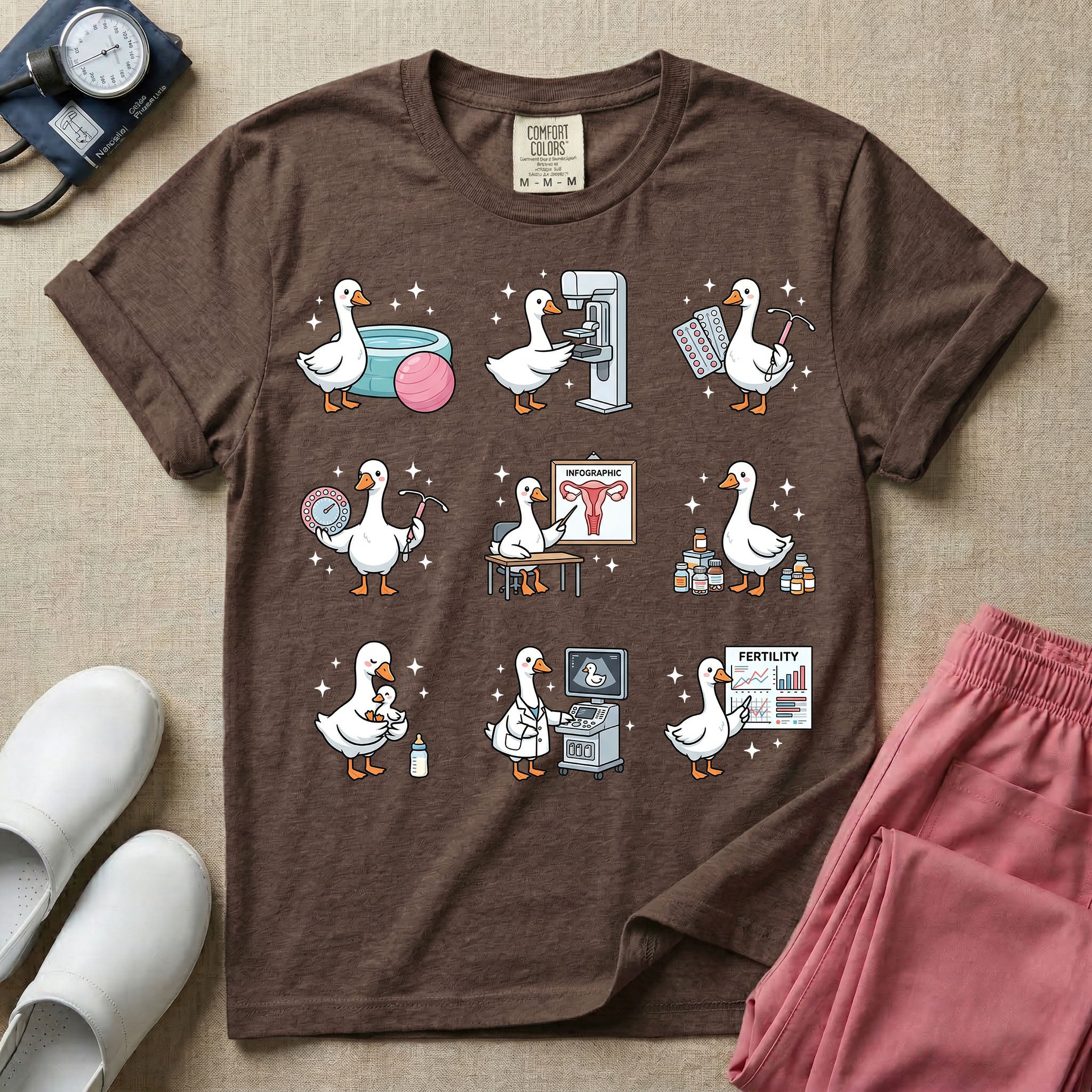 A graphic featuring a grid of nine white ducks playfully performing various obstetrics, gynecology, and maternity tasks, including checking a fertility chart, reviewing a female reproductive anatomy infographic, operating an ultrasound machine, and holding an IUD and birth control pills, designed for OB-GYN nurses, labor and delivery nurses, and midwives.