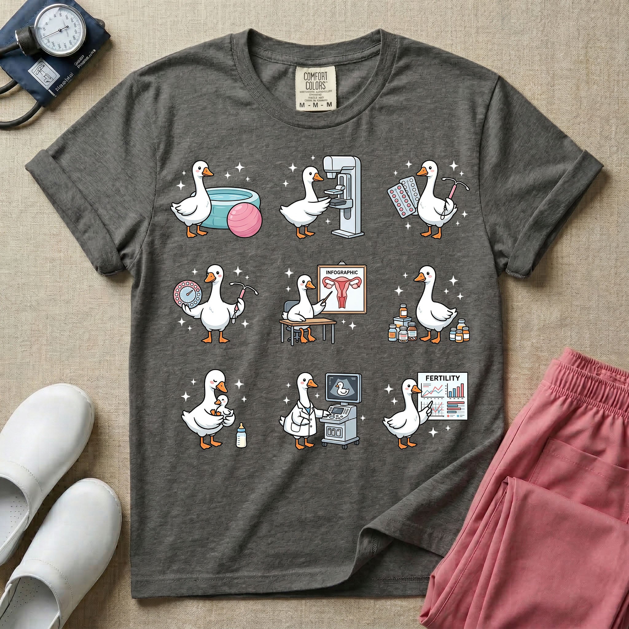 A graphic featuring a grid of nine white ducks playfully performing various obstetrics, gynecology, and maternity tasks, including checking a fertility chart, reviewing a female reproductive anatomy infographic, operating an ultrasound machine, and holding an IUD and birth control pills, designed for OB-GYN nurses, labor and delivery nurses, and midwives.