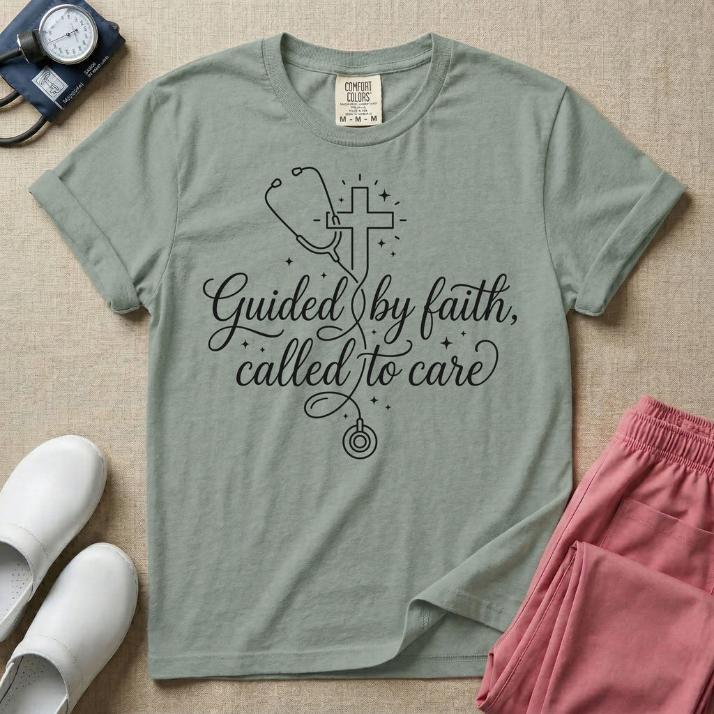 A graphic featuring a minimalist white line art stethoscope that loops into the shape of a cross, accompanied by the phrase "Guided by faith, called to care" in an elegant cursive script surrounded by small stars, designed for nurses.