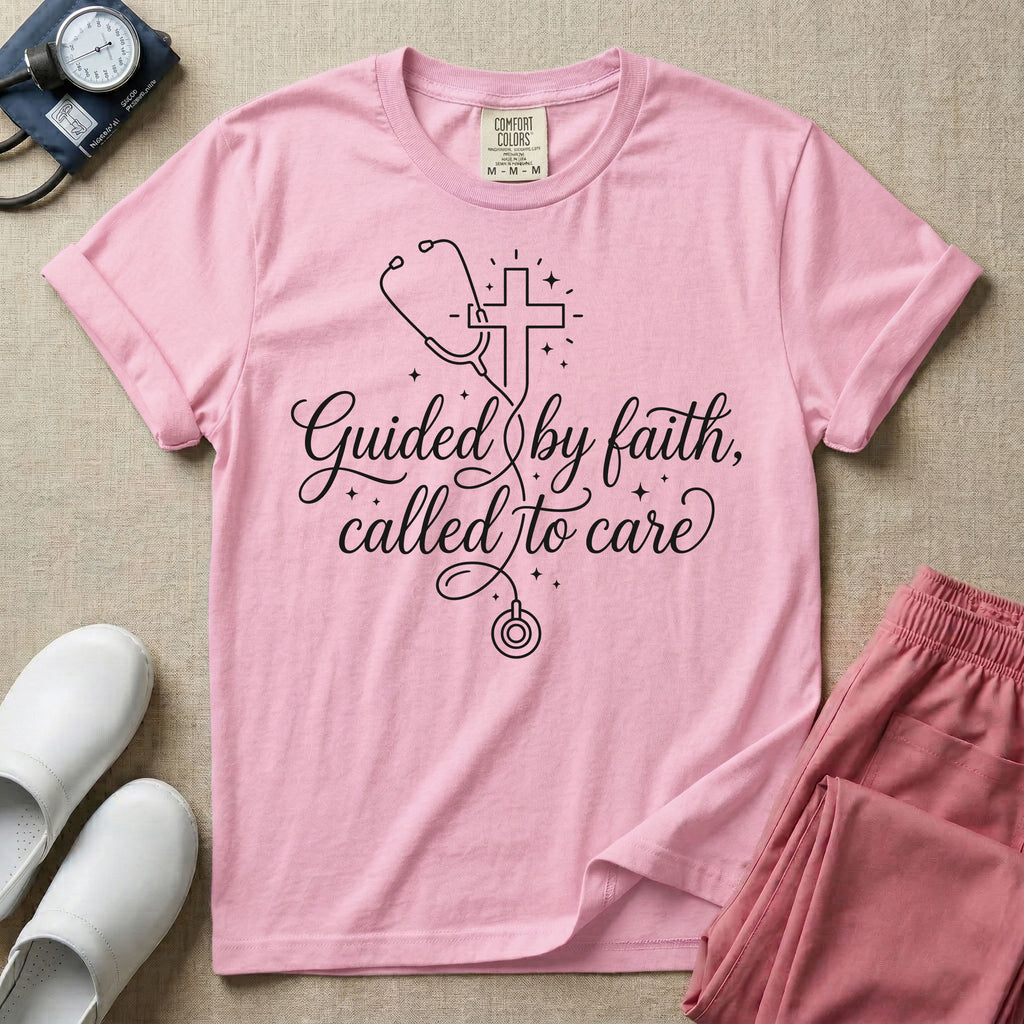 A graphic featuring a minimalist white line art stethoscope that loops into the shape of a cross, accompanied by the phrase "Guided by faith, called to care" in an elegant cursive script surrounded by small stars, designed for nurses.