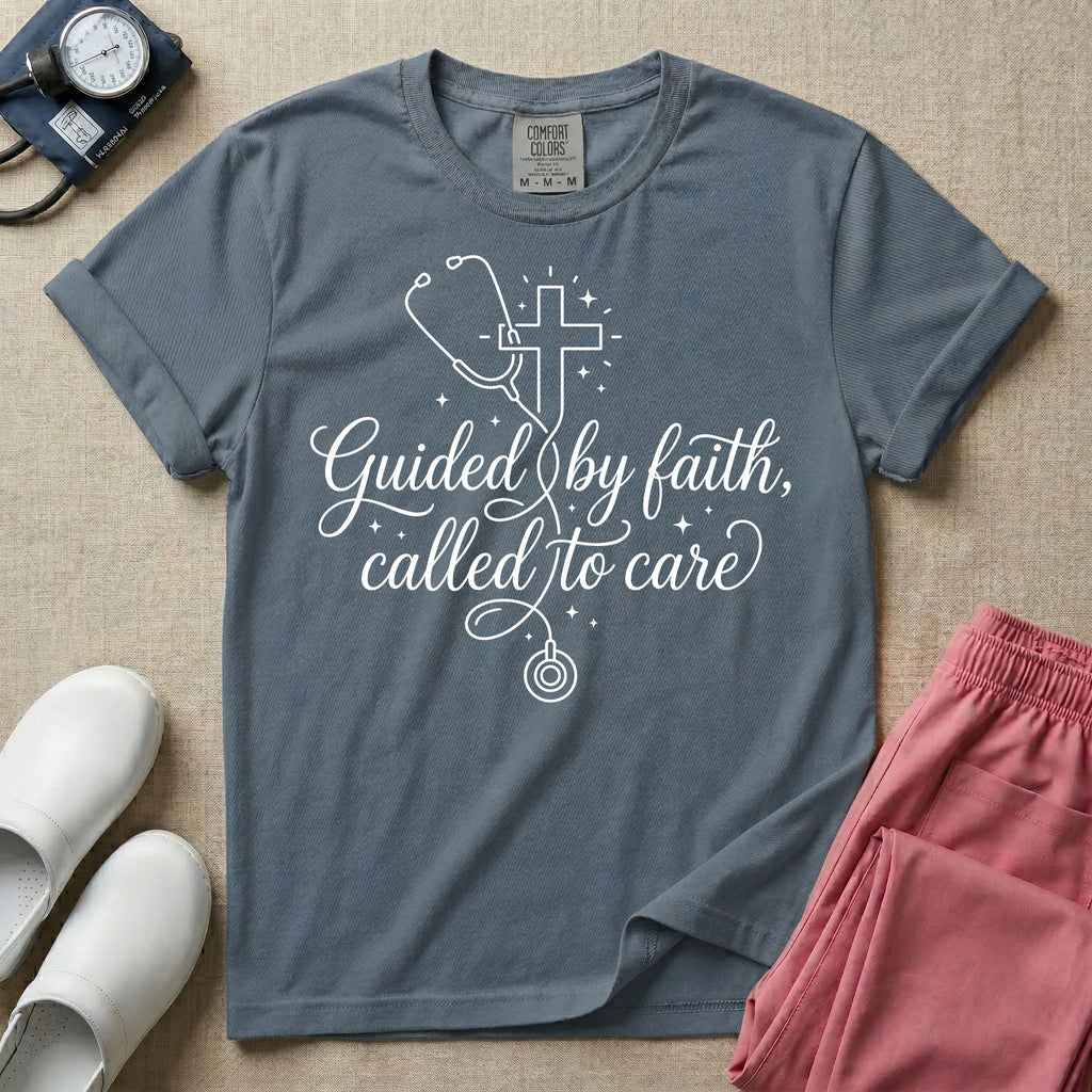 A graphic featuring a minimalist white line art stethoscope that loops into the shape of a cross, accompanied by the phrase "Guided by faith, called to care" in an elegant cursive script surrounded by small stars, designed for nurses.