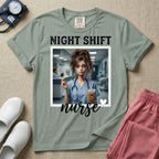 A graphic featuring the words "NIGHT SHIFT" above a framed image of an exhausted nurse in scrubs holding a lit cigarette and a large iced coffee, with the word "nurse" in cursive and a small heart below, designed for general nursing.
