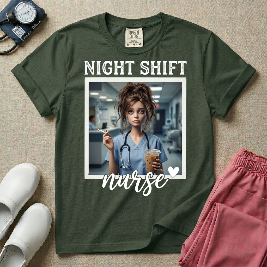 A graphic featuring the words "NIGHT SHIFT" above a framed image of an exhausted nurse in scrubs holding a lit cigarette and a large iced coffee, with the word "nurse" in cursive and a small heart below, designed for general nursing.