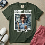 A graphic featuring the words "NIGHT SHIFT" above a framed image of an exhausted nurse in scrubs holding a lit cigarette and a large iced coffee, with the word "nurse" in cursive and a small heart below, designed for general nursing.