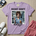 A graphic featuring the words "NIGHT SHIFT" above a framed image of an exhausted nurse in scrubs holding a lit cigarette and a large iced coffee, with the word "nurse" in cursive and a small heart below, designed for general nursing.
