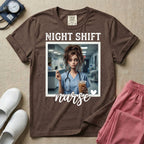 A graphic featuring the words "NIGHT SHIFT" above a framed image of an exhausted nurse in scrubs holding a lit cigarette and a large iced coffee, with the word "nurse" in cursive and a small heart below, designed for general nursing.