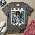 A graphic featuring the words "NIGHT SHIFT" above a framed image of an exhausted nurse in scrubs holding a lit cigarette and a large iced coffee, with the word "nurse" in cursive and a small heart below, designed for general nursing.