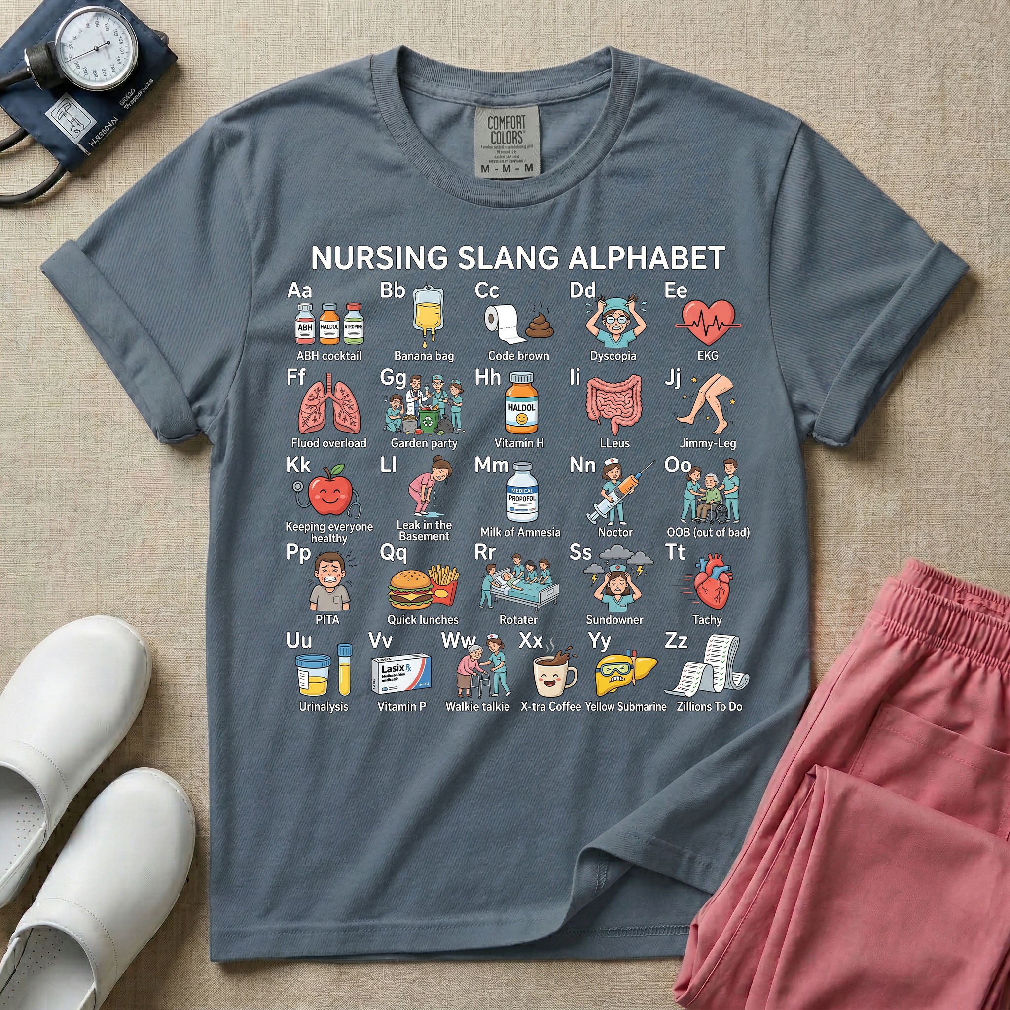 A graphic featuring a "NURSING SLANG ALPHABET" chart with A through Z humorous medical illustrations and terminology, including "Banana bag," "Code brown," and "Milk of Amnesia," designed for general nursing.