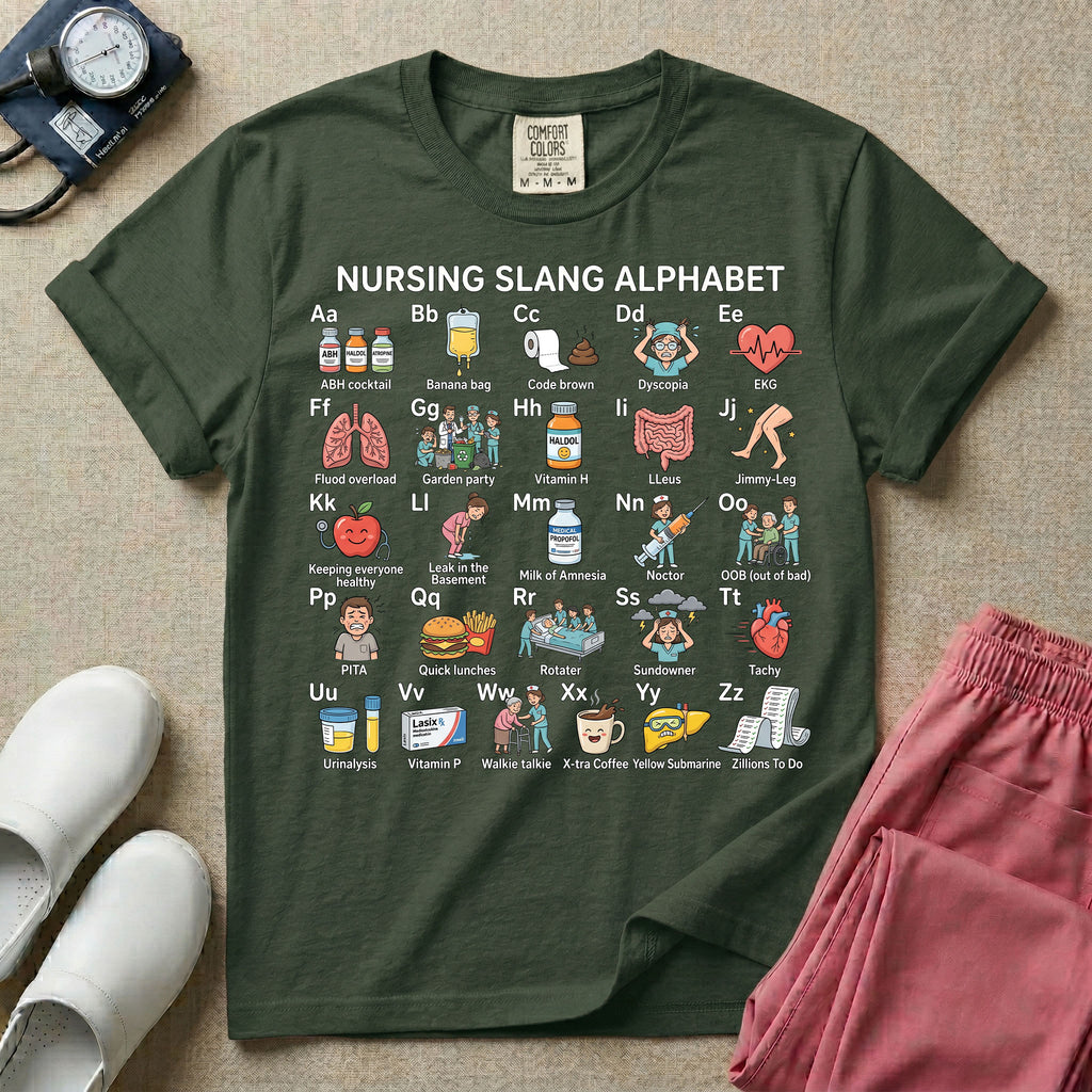 A graphic featuring a "NURSING SLANG ALPHABET" chart with A through Z humorous medical illustrations and terminology, including "Banana bag," "Code brown," and "Milk of Amnesia," designed for general nursing.