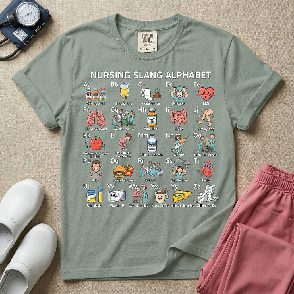 A graphic featuring a "NURSING SLANG ALPHABET" chart with A through Z humorous medical illustrations and terminology, including "Banana bag," "Code brown," and "Milk of Amnesia," designed for general nursing.