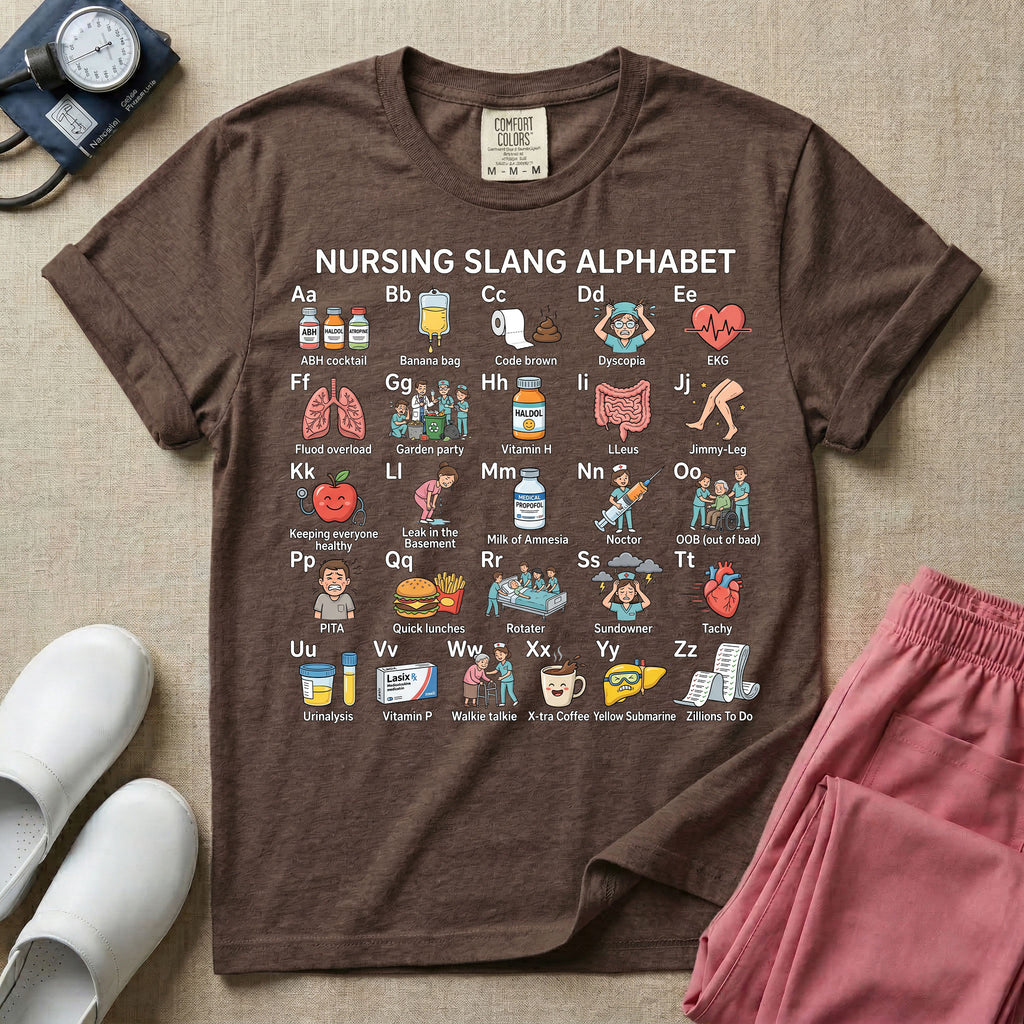 A graphic featuring a "NURSING SLANG ALPHABET" chart with A through Z humorous medical illustrations and terminology, including "Banana bag," "Code brown," and "Milk of Amnesia," designed for general nursing.