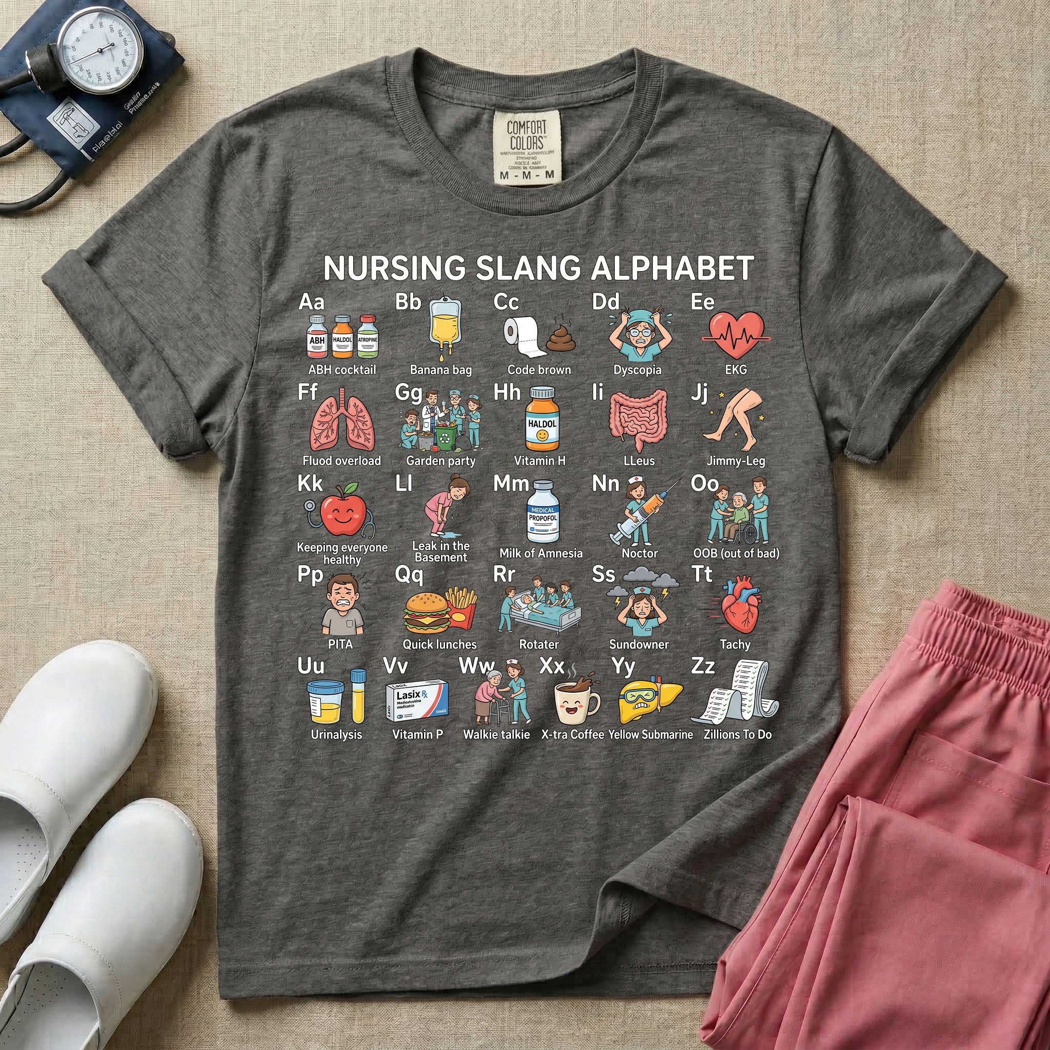 A graphic featuring a "NURSING SLANG ALPHABET" chart with A through Z humorous medical illustrations and terminology, including "Banana bag," "Code brown," and "Milk of Amnesia," designed for general nursing.