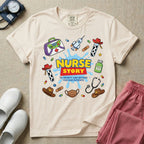 A two-sided t-shirt graphic featuring a front design with the words NURSE STORY in a classic 90s animated toy movie logo style above the phrase TO INFINITY AND BEYOND FOR OUR PATIENTS surrounded by playful, toy-themed medical supplies, and a matching rear design featuring a vertical cascade of similar toy-inspired medical items including a spaceship syringe, cowboy hats, a green alien pill bottle, and cow print test tubes, designed for pediatric and NICU nurses.
