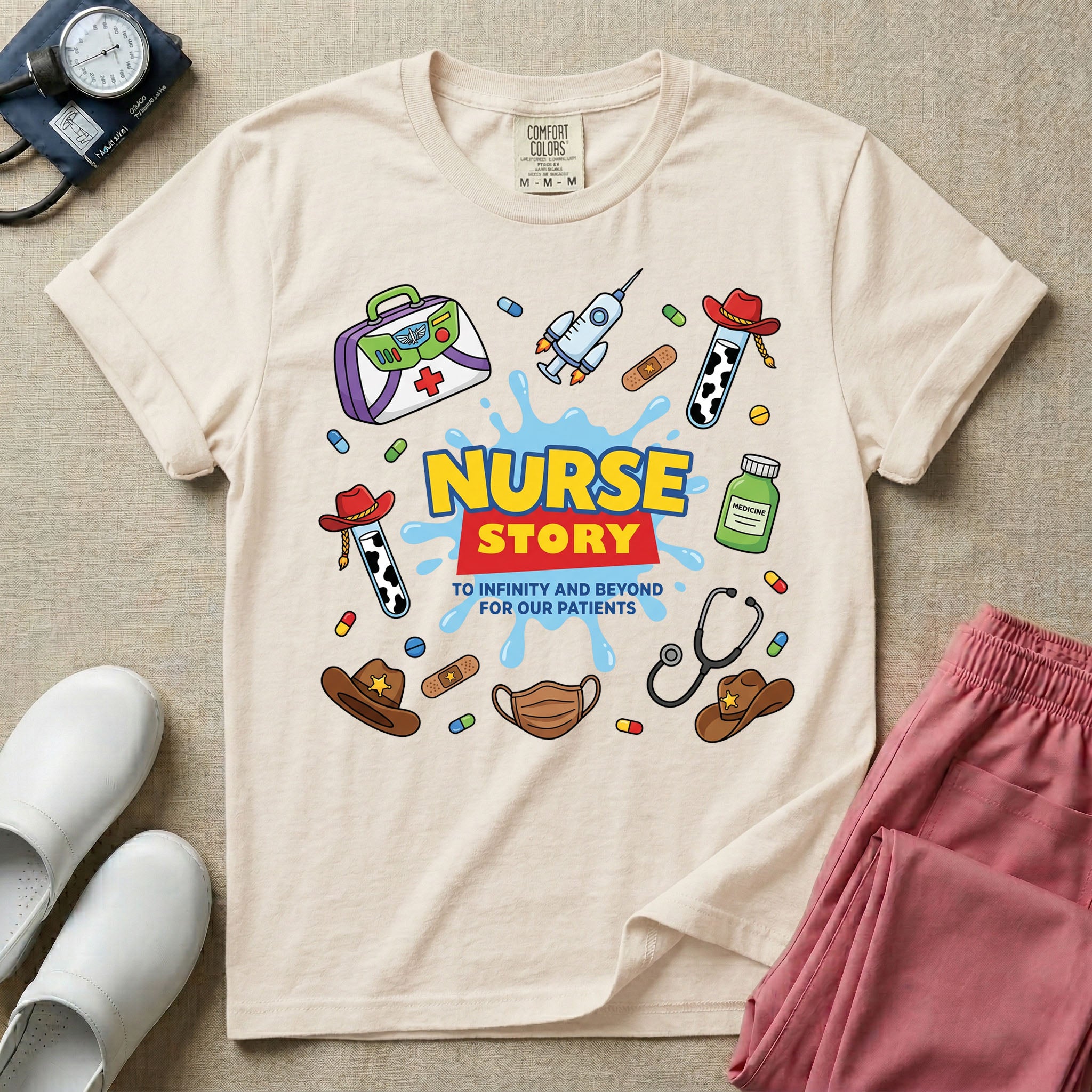 A two-sided t-shirt graphic featuring a front design with the words NURSE STORY in a classic 90s animated toy movie logo style above the phrase TO INFINITY AND BEYOND FOR OUR PATIENTS surrounded by playful, toy-themed medical supplies, and a matching rear design featuring a vertical cascade of similar toy-inspired medical items including a spaceship syringe, cowboy hats, a green alien pill bottle, and cow print test tubes, designed for pediatric and NICU nurses.