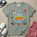 A two-sided t-shirt graphic featuring a front design with the words NURSE STORY in a classic 90s animated toy movie logo style above the phrase TO INFINITY AND BEYOND FOR OUR PATIENTS surrounded by playful, toy-themed medical supplies, and a matching rear design featuring a vertical cascade of similar toy-inspired medical items including a spaceship syringe, cowboy hats, a green alien pill bottle, and cow print test tubes, designed for pediatric and NICU nurses.