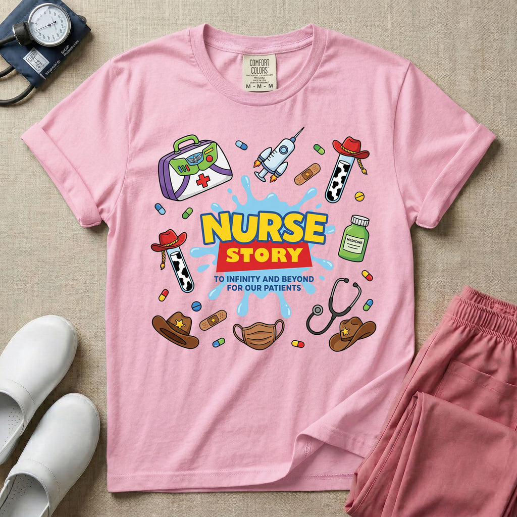A two-sided t-shirt graphic featuring a front design with the words NURSE STORY in a classic 90s animated toy movie logo style above the phrase TO INFINITY AND BEYOND FOR OUR PATIENTS surrounded by playful, toy-themed medical supplies, and a matching rear design featuring a vertical cascade of similar toy-inspired medical items including a spaceship syringe, cowboy hats, a green alien pill bottle, and cow print test tubes, designed for pediatric and NICU nurses.