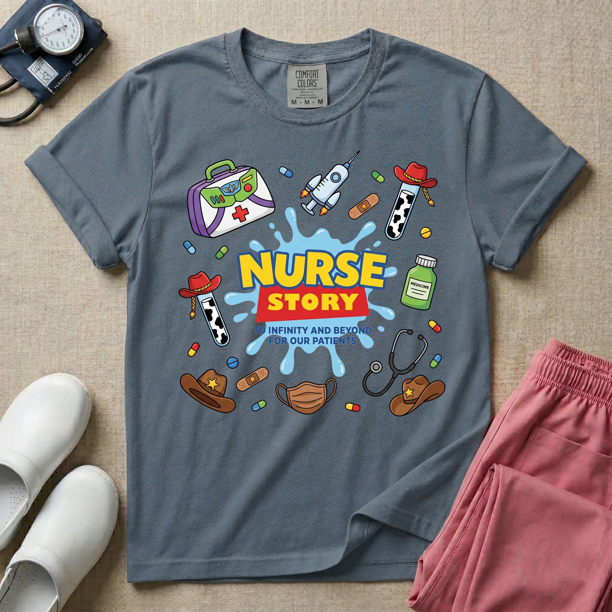 A two-sided t-shirt graphic featuring a front design with the words NURSE STORY in a classic 90s animated toy movie logo style above the phrase TO INFINITY AND BEYOND FOR OUR PATIENTS surrounded by playful, toy-themed medical supplies, and a matching rear design featuring a vertical cascade of similar toy-inspired medical items including a spaceship syringe, cowboy hats, a green alien pill bottle, and cow print test tubes, designed for pediatric and NICU nurses.