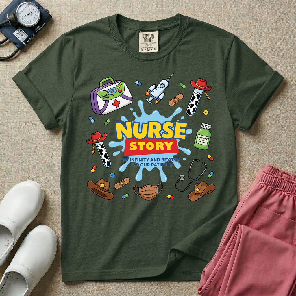 A two-sided t-shirt graphic featuring a front design with the words NURSE STORY in a classic 90s animated toy movie logo style above the phrase TO INFINITY AND BEYOND FOR OUR PATIENTS surrounded by playful, toy-themed medical supplies, and a matching rear design featuring a vertical cascade of similar toy-inspired medical items including a spaceship syringe, cowboy hats, a green alien pill bottle, and cow print test tubes, designed for pediatric and NICU nurses.