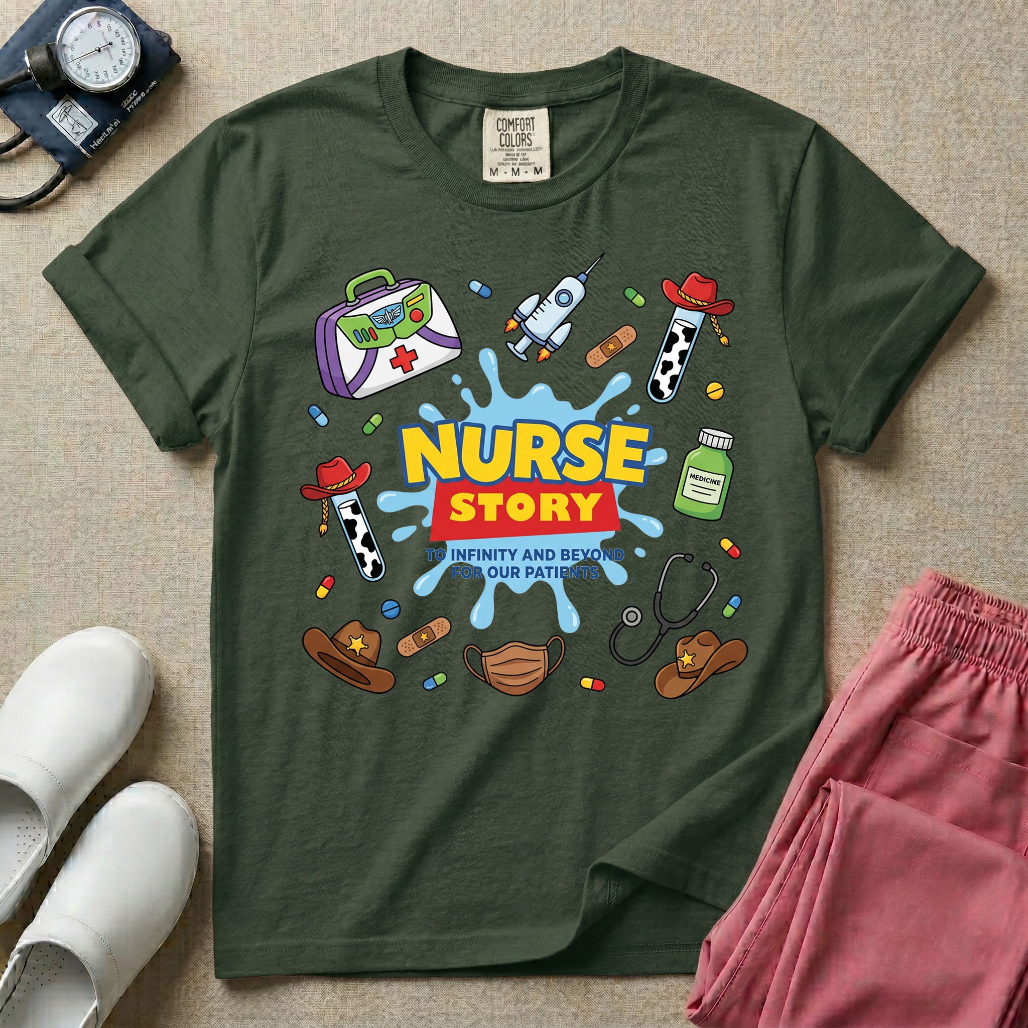 A two-sided t-shirt graphic featuring a front design with the words NURSE STORY in a classic 90s animated toy movie logo style above the phrase TO INFINITY AND BEYOND FOR OUR PATIENTS surrounded by playful, toy-themed medical supplies, and a matching rear design featuring a vertical cascade of similar toy-inspired medical items including a spaceship syringe, cowboy hats, a green alien pill bottle, and cow print test tubes, designed for pediatric and NICU nurses.